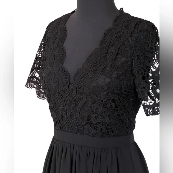 Lulus Black Scalloped Lace Top Short Dress Sz S Flowy Sheer Skirt Short Sleeves - Picture 5 of 15